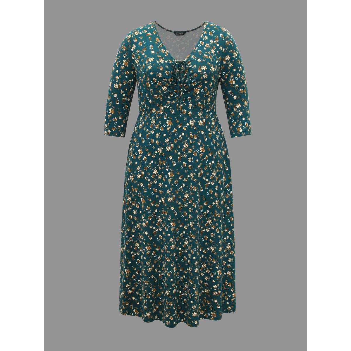 Plus Size Ditsy Floral Chest Drawstring Midi Dress DarkGreen Women Elegant Drawstring Knit Dresses Bloomchic 30/6X Product Image