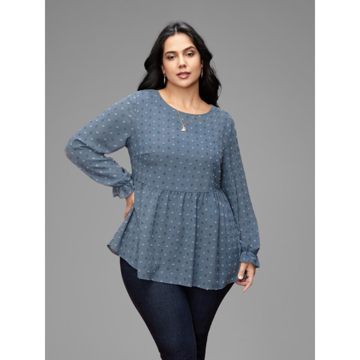 Plus Size Stone Textured Dot Elastic Cuffs A-line Blouse Women Leisure Long Sleeve Round Neck Casual Blouses BloomChic 10/M Product Image
