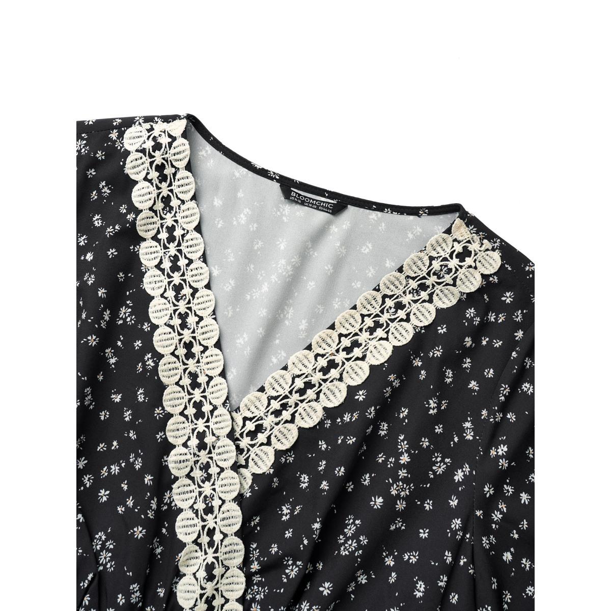 Plus Size Black Ditsy Floral Wrap Shirred Lace Patchwork Blouse Women Elegant Long Sleeve Overlap Collar Vacation Blouses BloomChic 14-16/1X Product Image