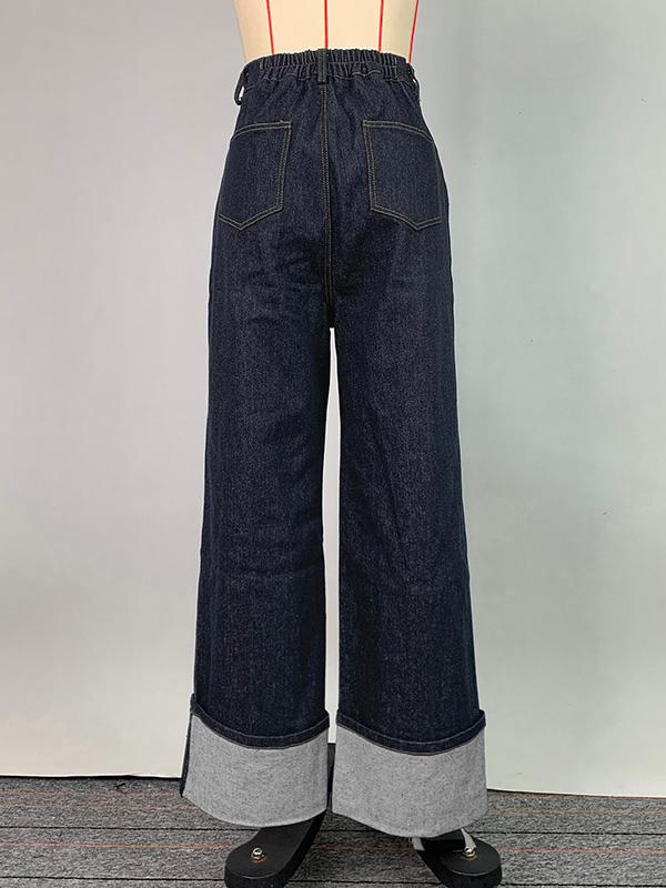 High Waisted Straight Leg Contrast Color Split-Joint Jean Pants Bottoms Product Image