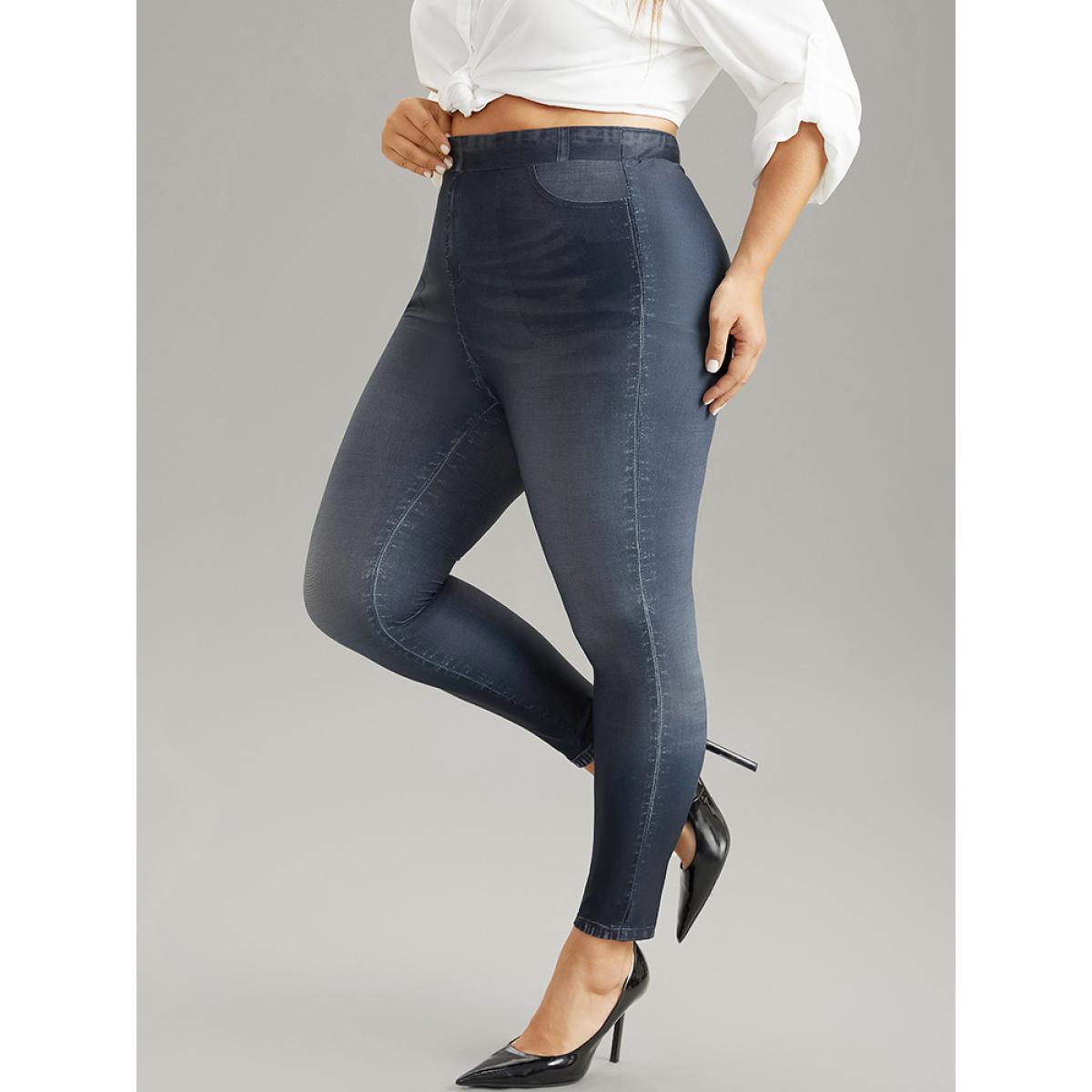 Plus Size Denim Effect Print Pocket High Rise Leggings Women Indigo Casual High stretch Skinny High Rise Dailywear Leggings BloomChic 10/M Product Image