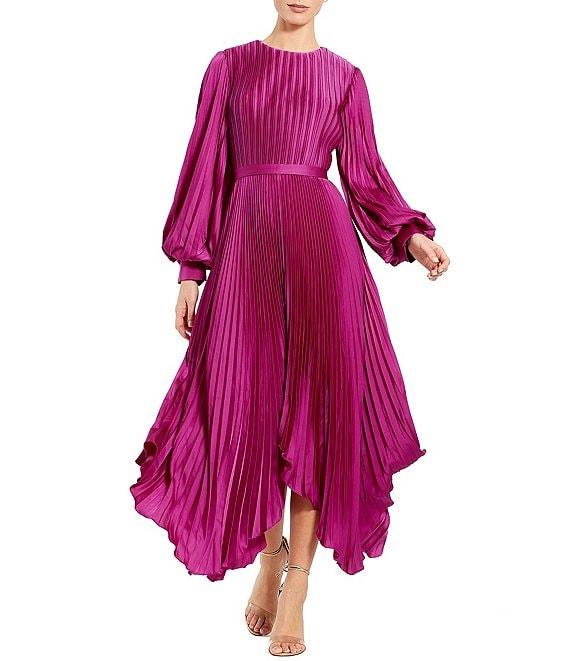 Mac Duggal Pleated Satin Round Neck Long Balloon Sleeve Hanky Hem Midi Dress Product Image