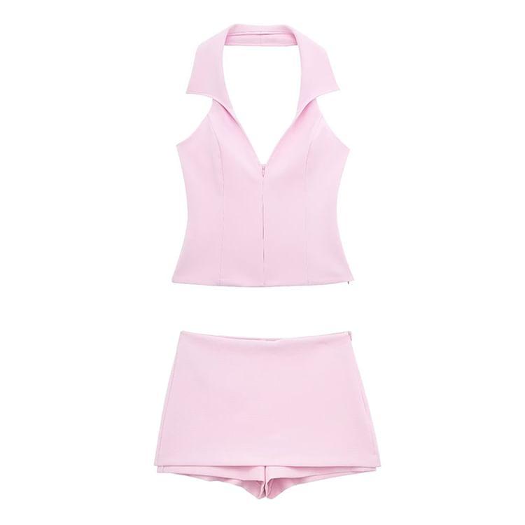 Halter Collar Plain Zip Tank Top / Skort / Set Product Image