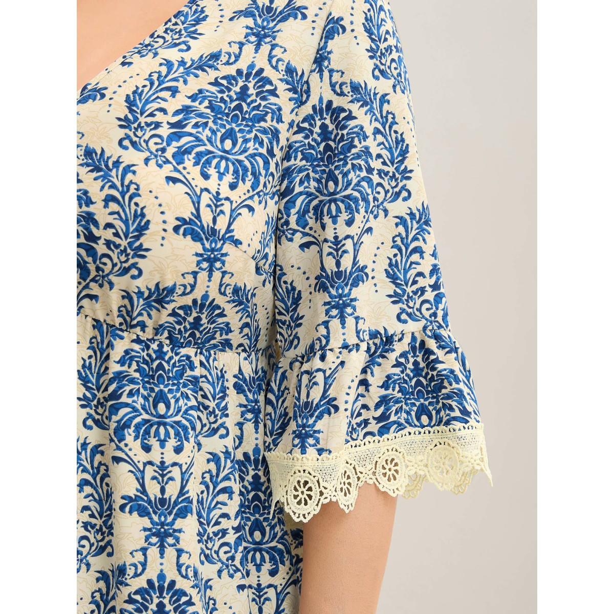 Plus Size Damask Print Lace Detail Midi Dress Mediumblue Women Woven ribbon&lace trim V-neck Elbow-length sleeve Curvy BloomChic 10/M Product Image