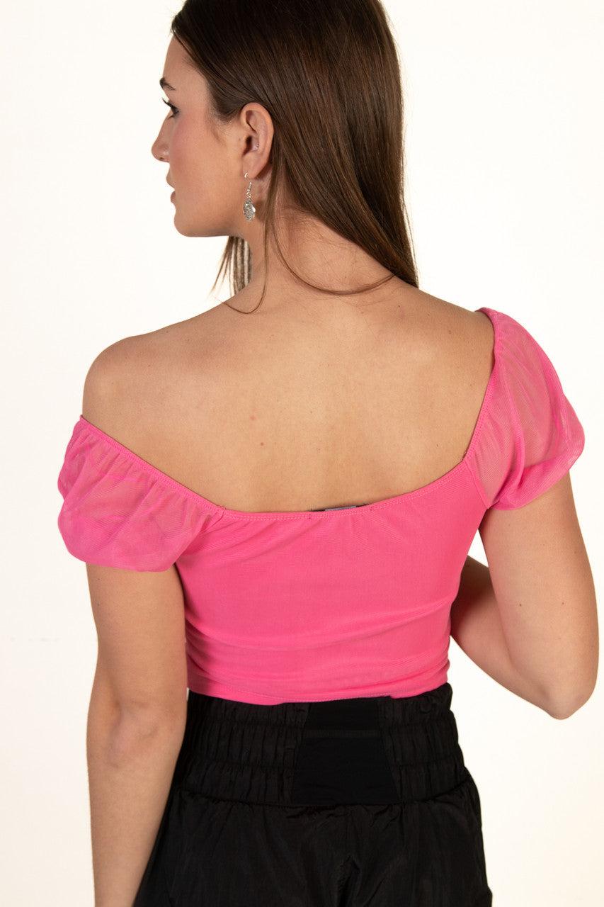 Pink Mesh Tie Up Milkmaid Top Product Image