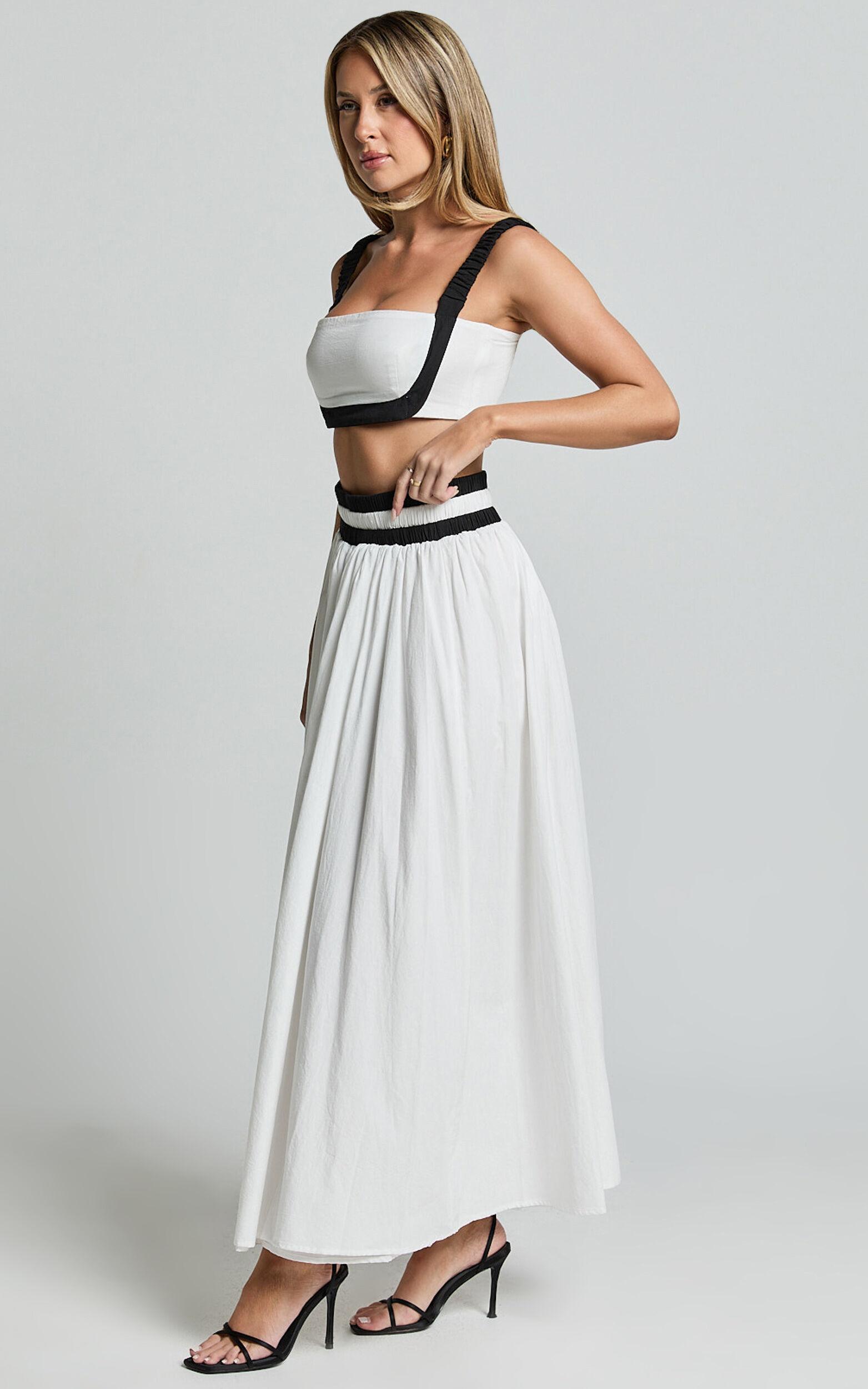 Sapphire Two Piece Set - Contrast Band Crop Top and A Line Maxi Skirt in White & Black Product Image