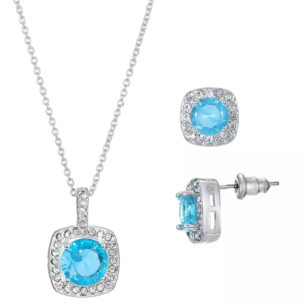 Primavera Silver Plated Aqua Cubic Zirconia Square Pendant & Earring Set, Womens Silver Tone Product Image