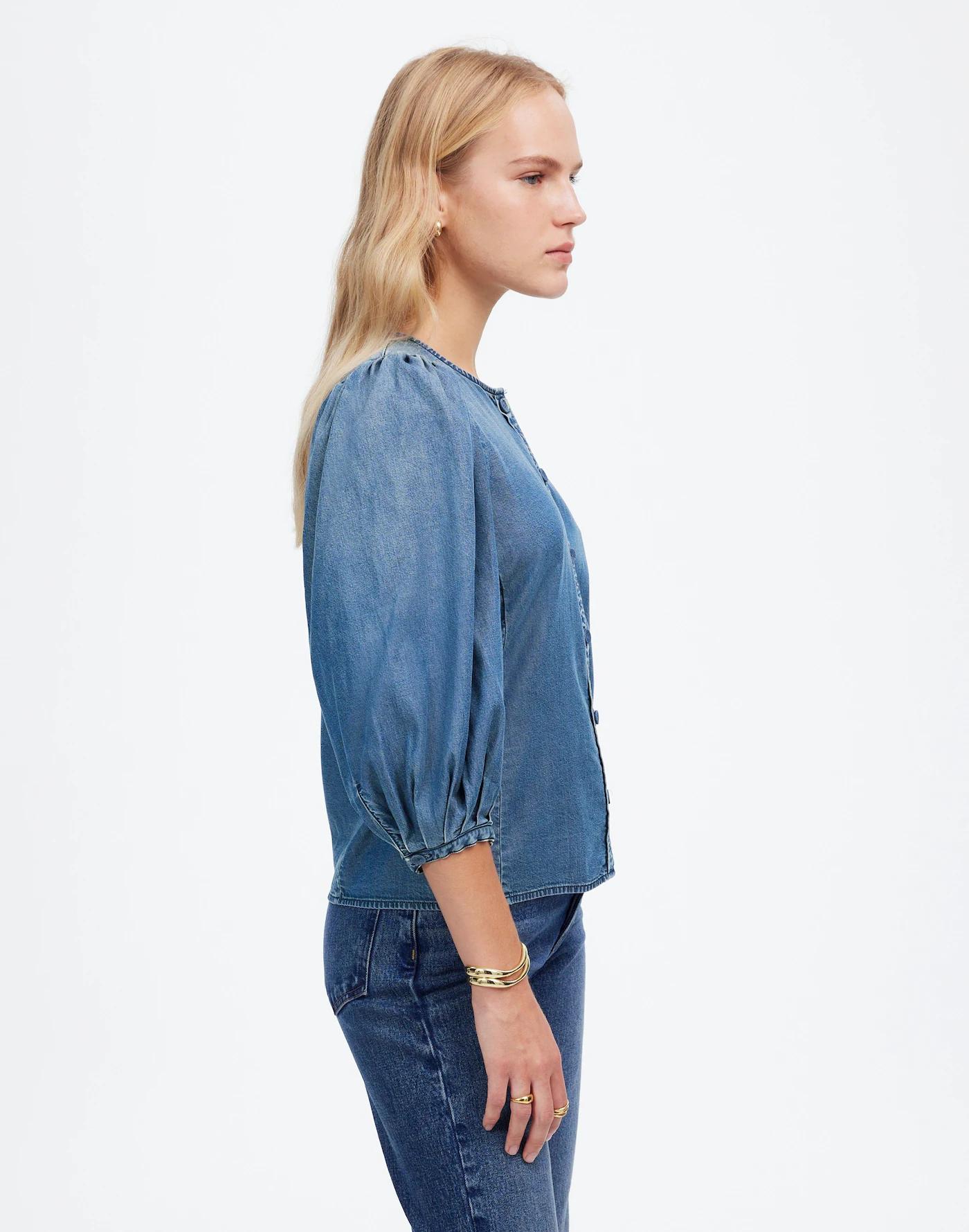 Denim Puff-Sleeve Button-Up Top Product Image