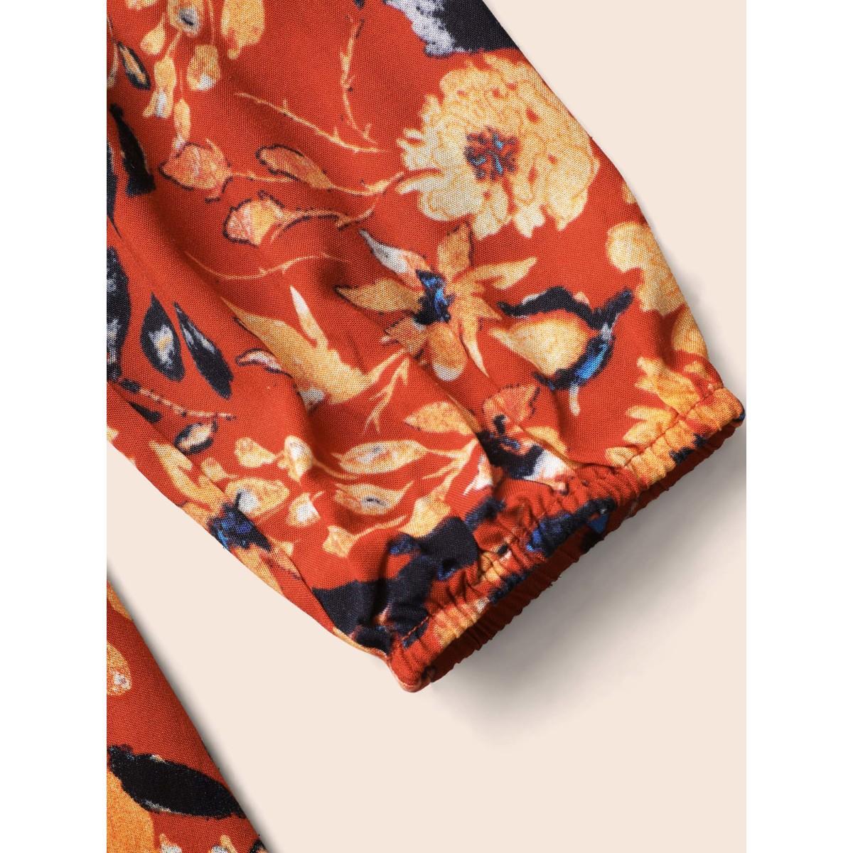 Plus Size Multicolor Floral Shirred Gathered Lantern Sleeve Blouse Women Elegant Long Sleeve V-neck Everyday Blouses BloomChic 22-24/3X Product Image