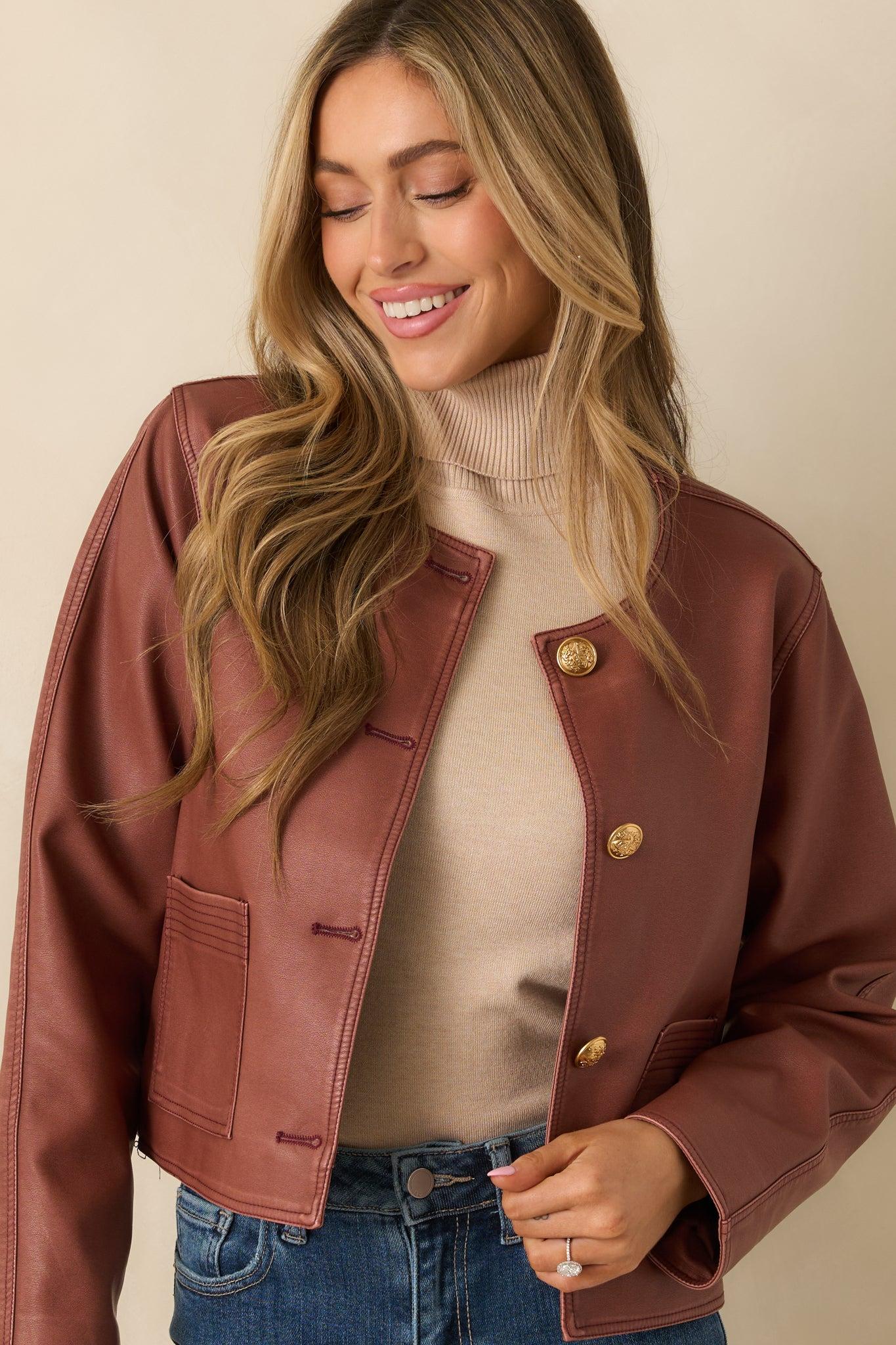 Made To Impress Mauve Faux Leather Cropped Button Up Jacket Product Image