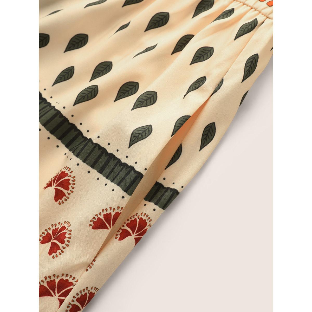 Plus Size Boho Print Notched Collar Patchwork Belted Dress Apricot Women Resort Non Notched collar Elbow-length sleeve Curvy Midi Dress BloomChic 18-20/2X Product Image