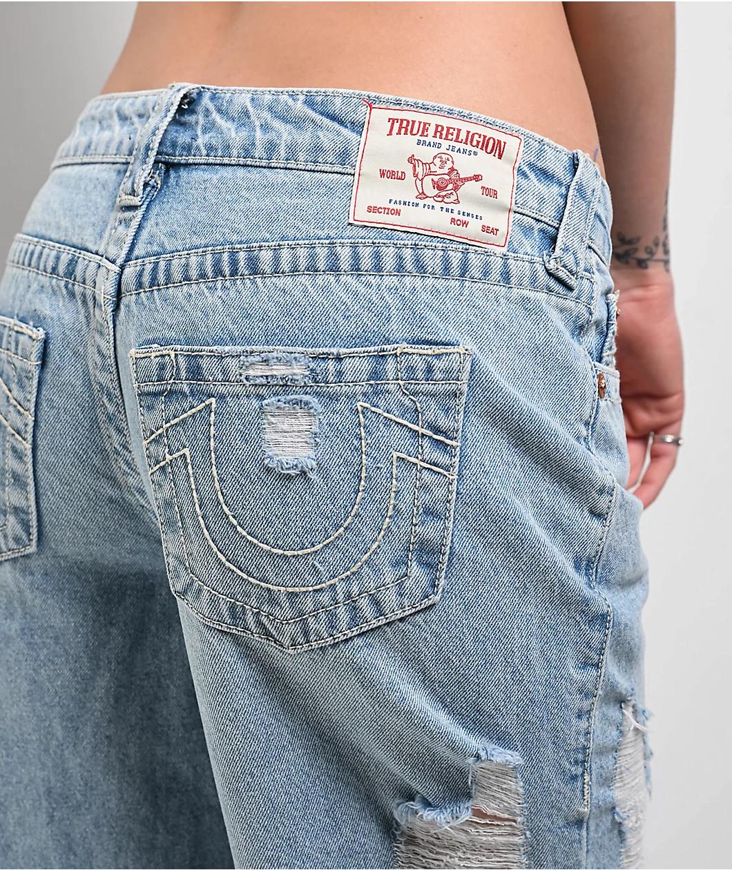 True Religion Bobbi Super Distressed Aqua Marine Mid Rise Baggy Jeans Product Image