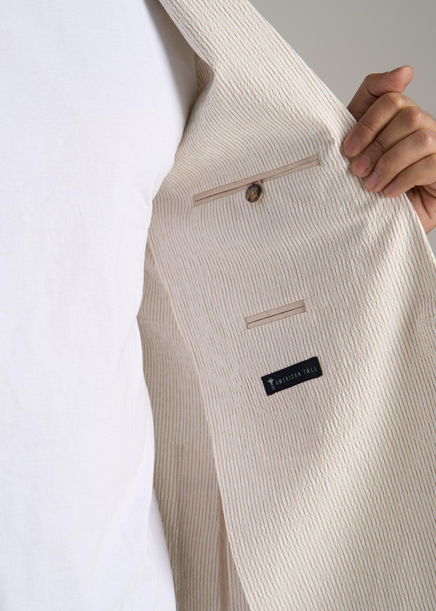 Stretch Seersucker Blazer for Tall Men in Off White and Beige Stripe Male Product Image