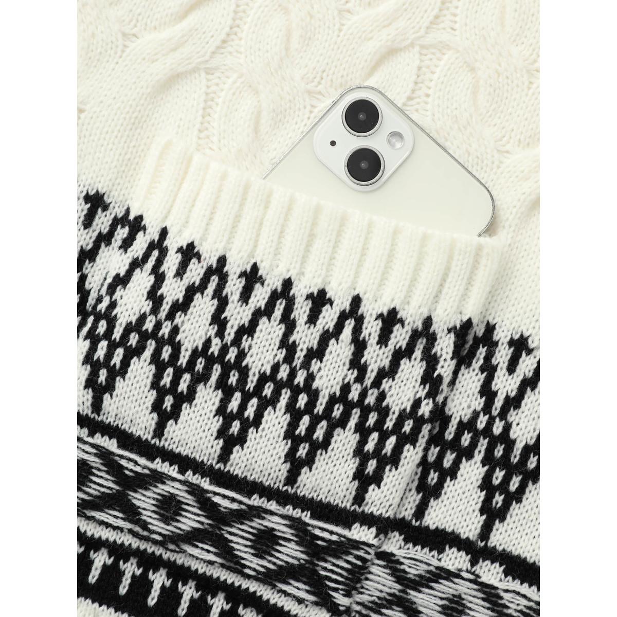 Plus Size Bandana Jacquard Cable Knit Pocket Cardigan Ivory Women Leisure Loose Long Sleeve Casual Cardigans BloomChic 30/6X Product Image