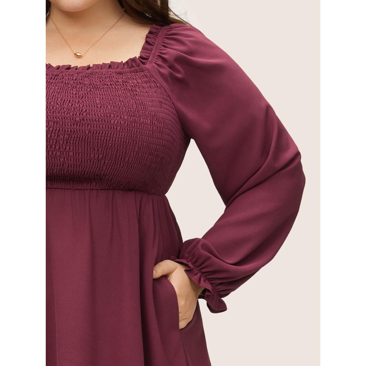 Plus Size Square Neck Shirred Pleated Frill Trim Dress RedViolet Women Elegant Non Square Neck Long Sleeve Curvy Midi Dress BloomChic 14-16/1X Product Image