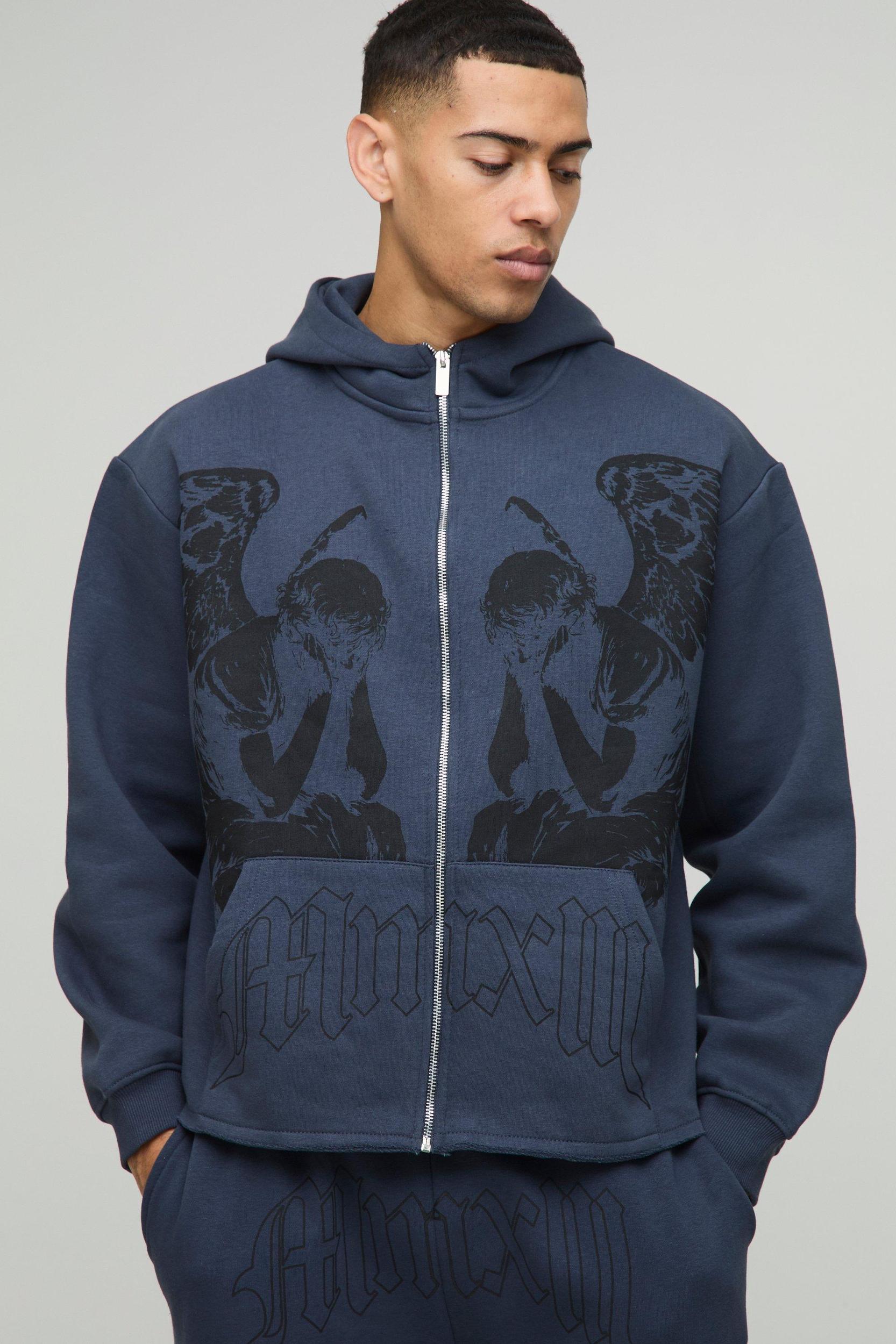 Oversized Boxy Zip Through Renaissance Graphic Hoodie | boohooMAN USA Product Image