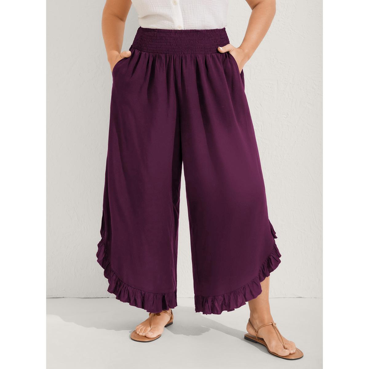 Plus Size Ruffled Curvy Hem Wide-Leg Pants Women Plum Boho Wide Leg Mid Rise Vacation Pants BloomChic 10/M Product Image