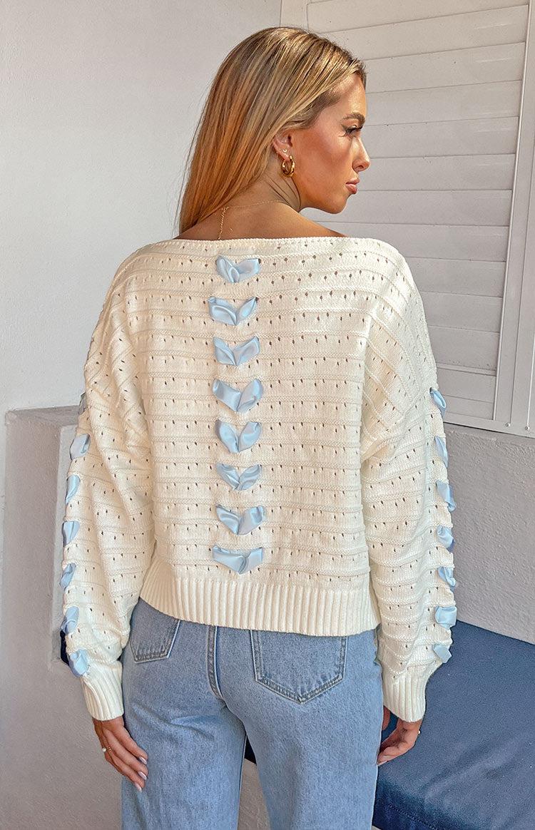 Darling White Knit Blue Ribbon Sweater Product Image