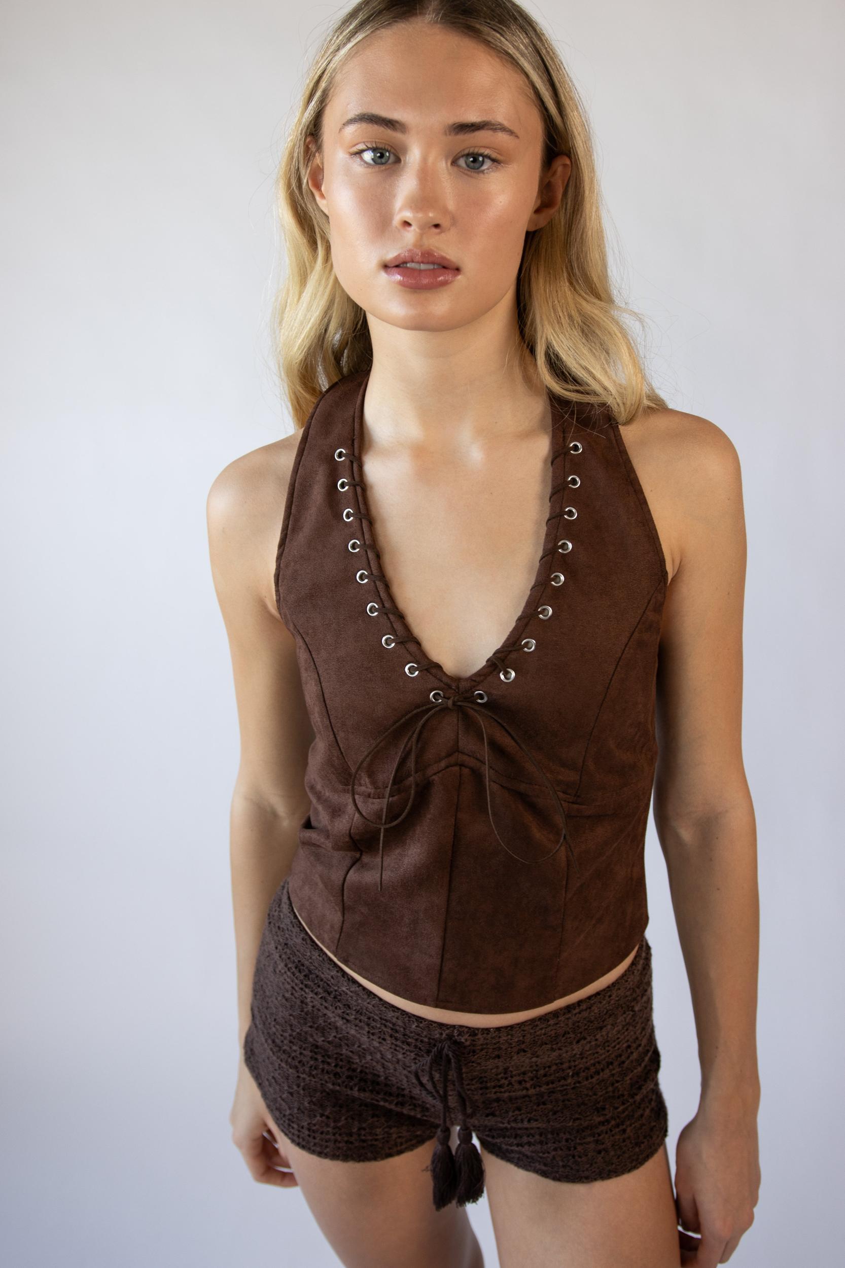 Suede Lace Up Halter Tank Top Product Image