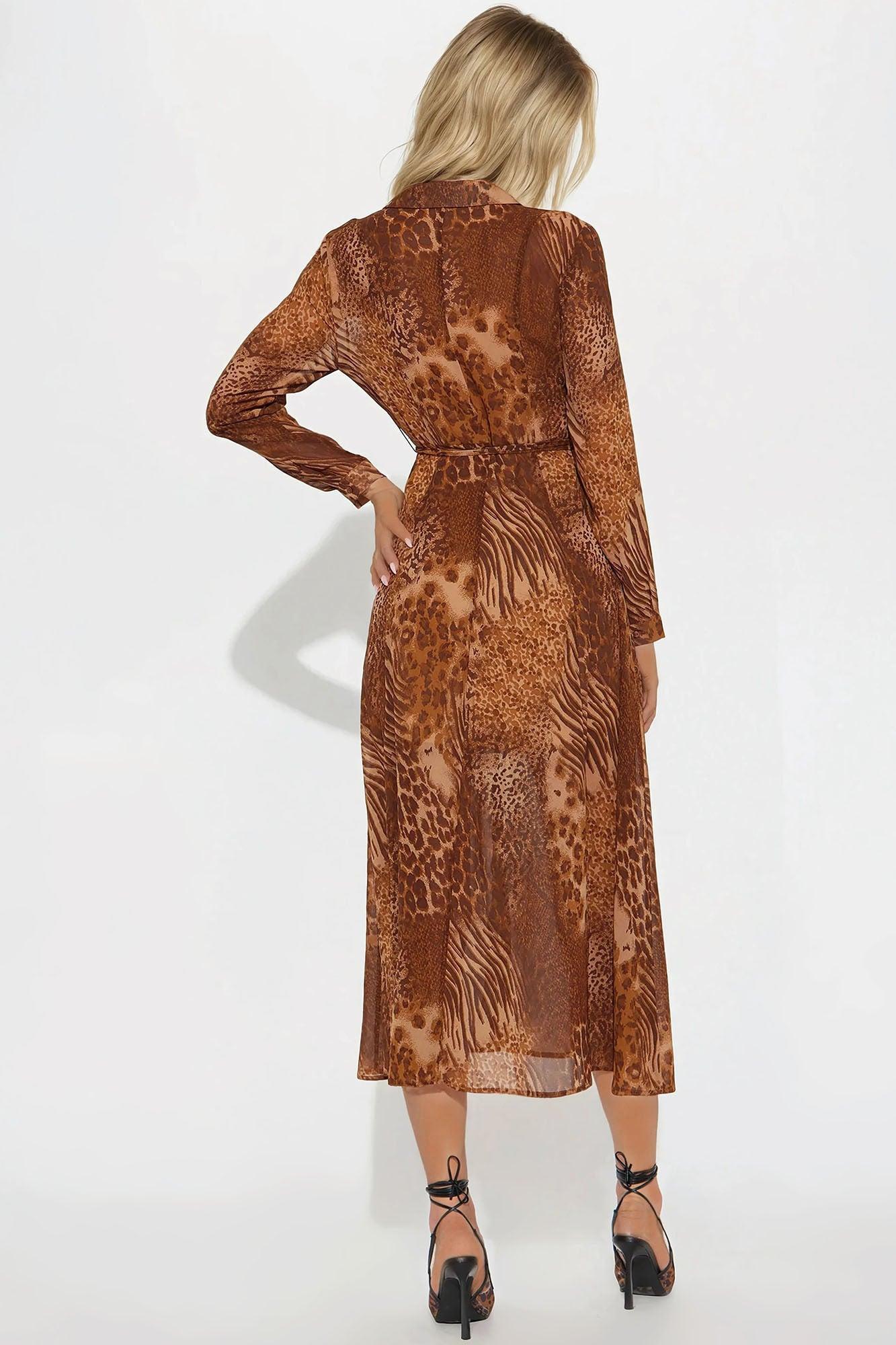 Reina Animal Print Midi Shirt Dress - Brown Product Image