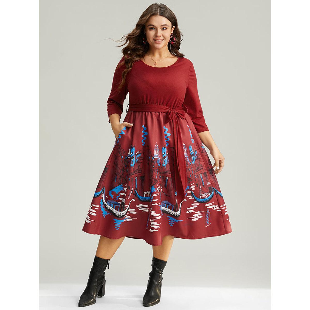 Plus Size Boho Print Patchwork Belted Gathered Dress Scarlet Women Office Printed Round Neck Elbow-length sleeve Curvy Midi Dress BloomChic 12/L Product Image