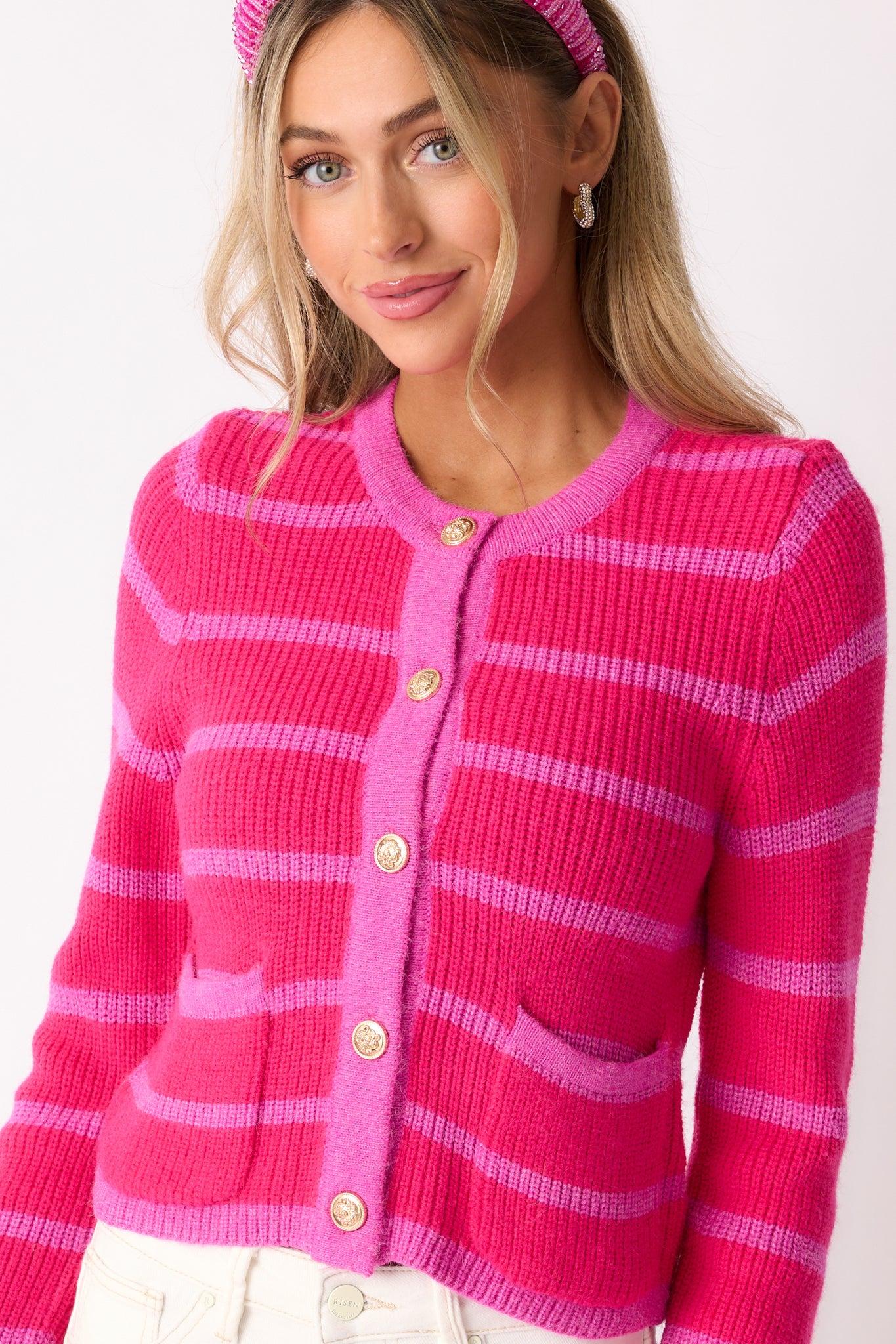 Let's Go Shopping Hot Pink Stripe Button Front Cardigan Product Image