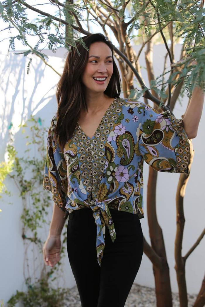 V Neck Tie Waist Kimono Sleeve Blouse Product Image