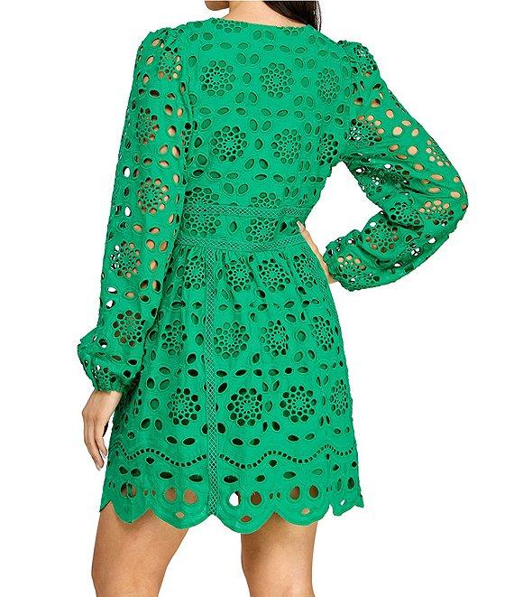 Layered With Love Kris Cotton Eyelet Knit V-Neck Long Sleeve Trim Detail Fit & Flare Dress Product Image