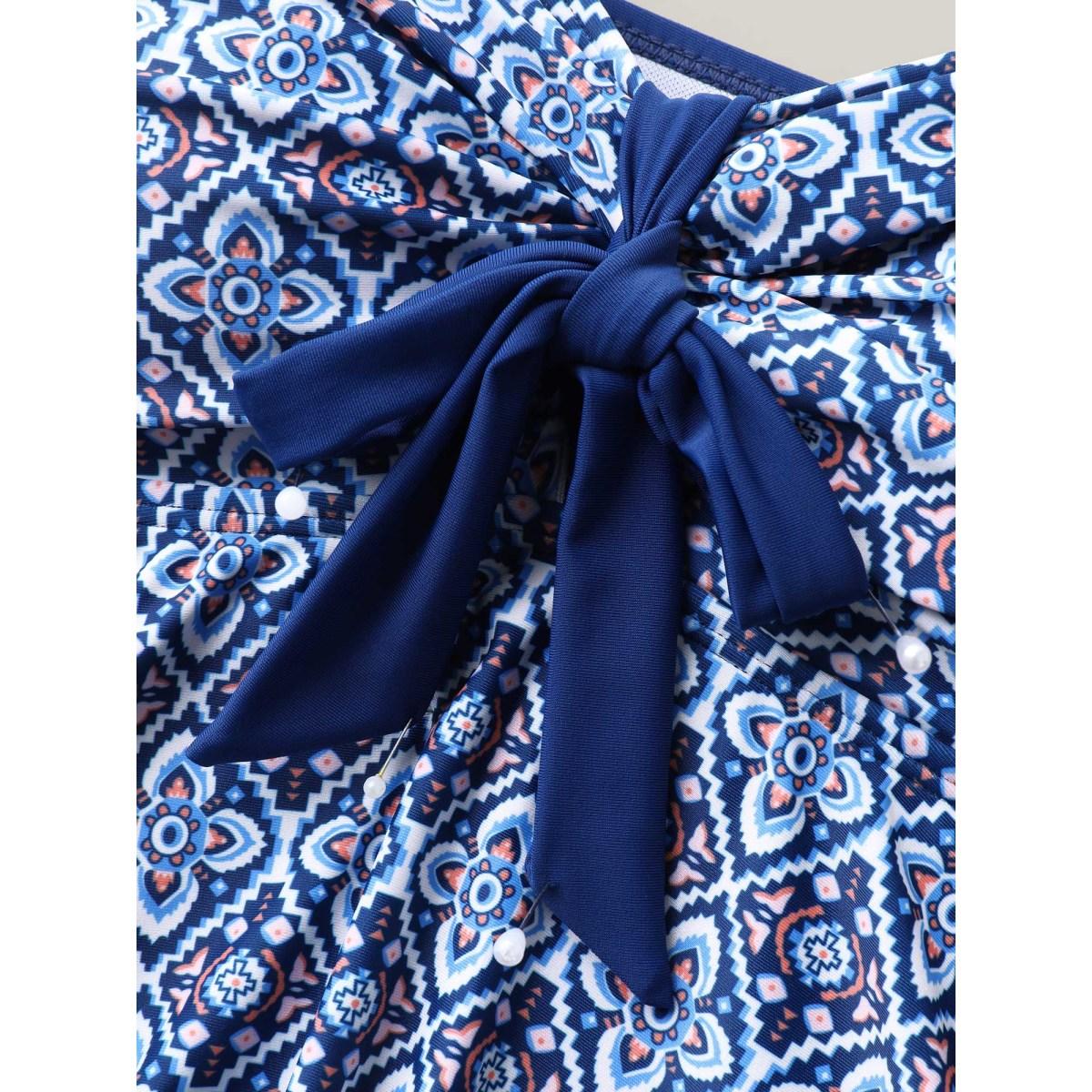 Plus Size Boho Print Adjustable Front Knot Swim Dress Women's Swimwear Indigo Beach Bodycon Heart neckline High stretch Curve Swim Dresses BloomChic 28/5X Product Image