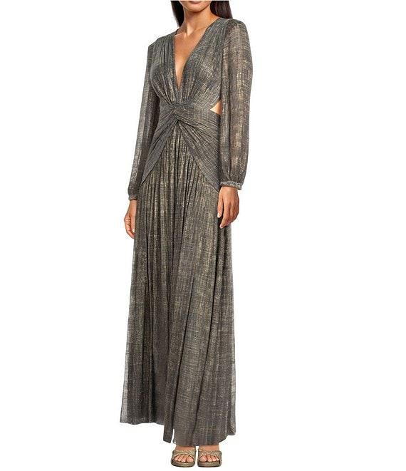 Gianni Bini Hazel Metallic Chiffon V-Neck Long Sleeve Cut Out Dress Product Image