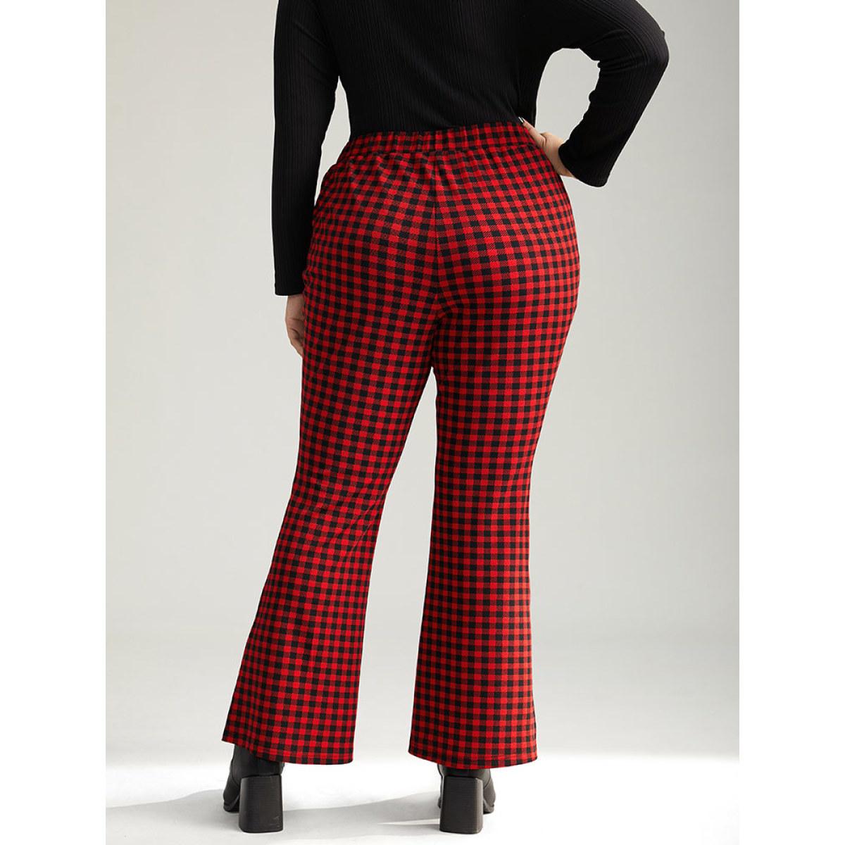 Plus Size Gingham Bootcut Split Hem Metal Detail Pants Women Raspberry Elegant Flare Leg High Rise Festival-Christmas Pants BloomChic 30/6X Product Image