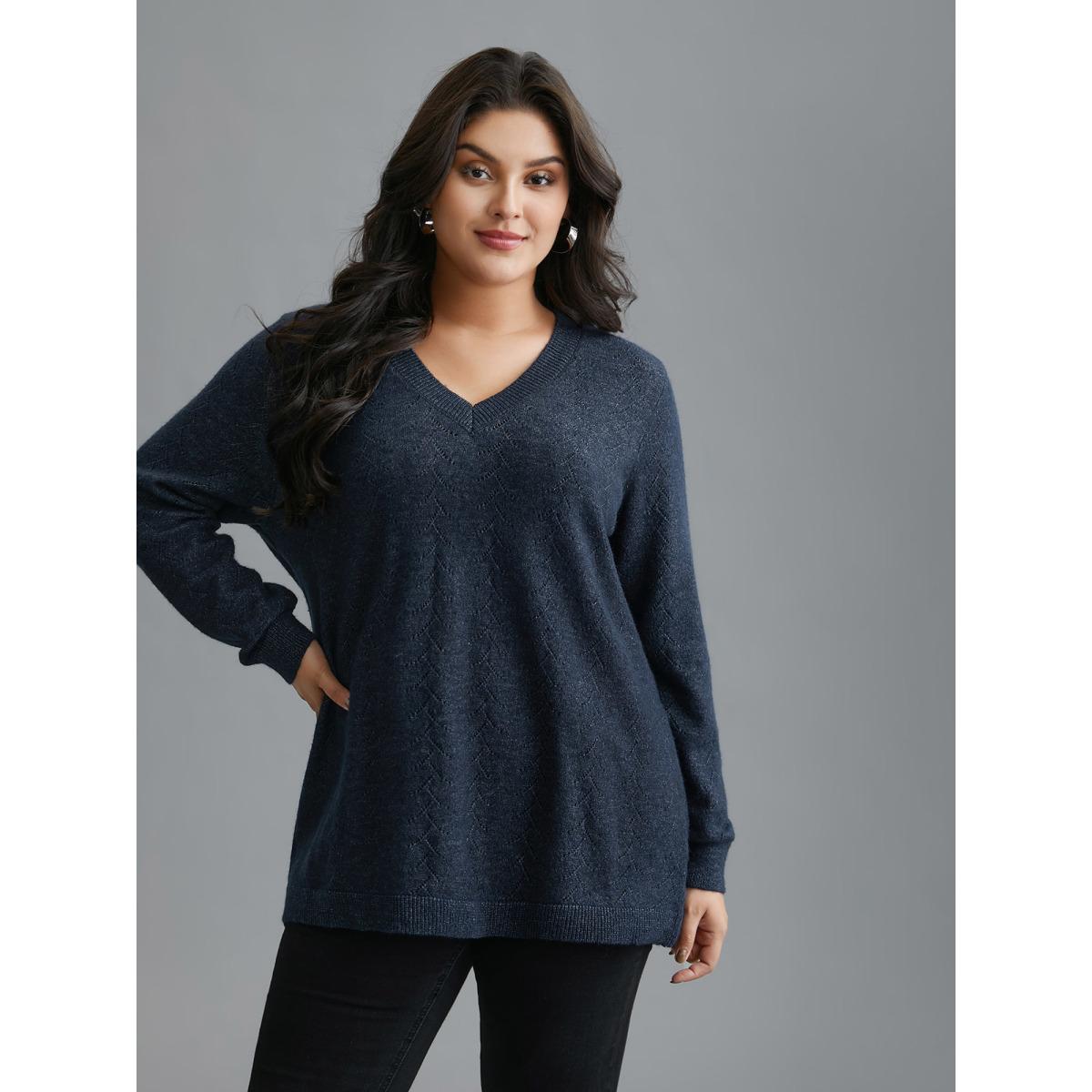 Plus Size Hollowed-Out-Back Bows V-Neck Pullover Midnight Women Casual Loose Long Sleeve V-neck Everyday Pullovers BloomChic 30/6X Product Image