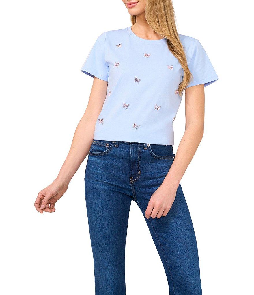 CeCe Knit Crew Neck Short Sleeve Gem Detailed Tee Product Image