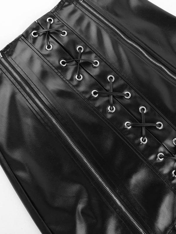 Double Zip Eyelet Tie Up Leather Mini Skirt Product Image
