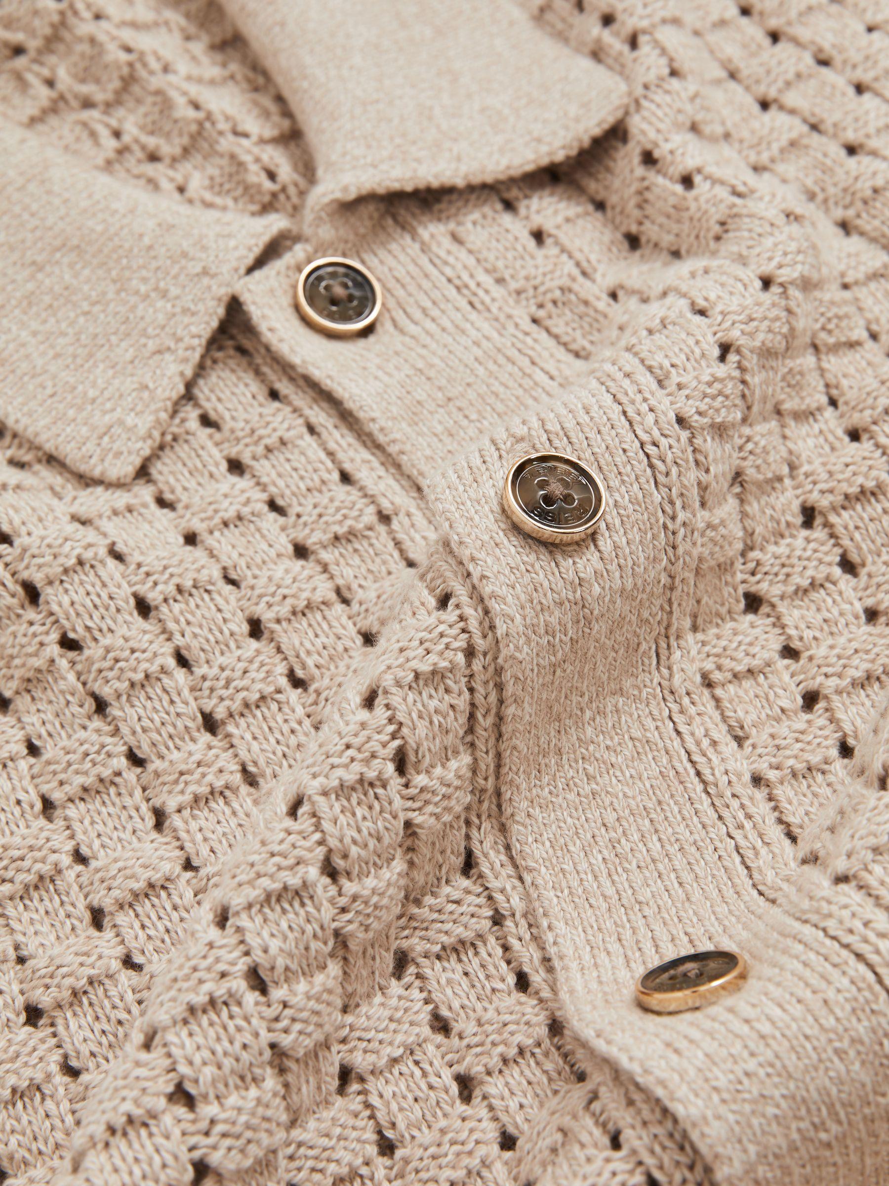Basketweave Knit Button Through Cotton Blend Shirt in Stone Product Image
