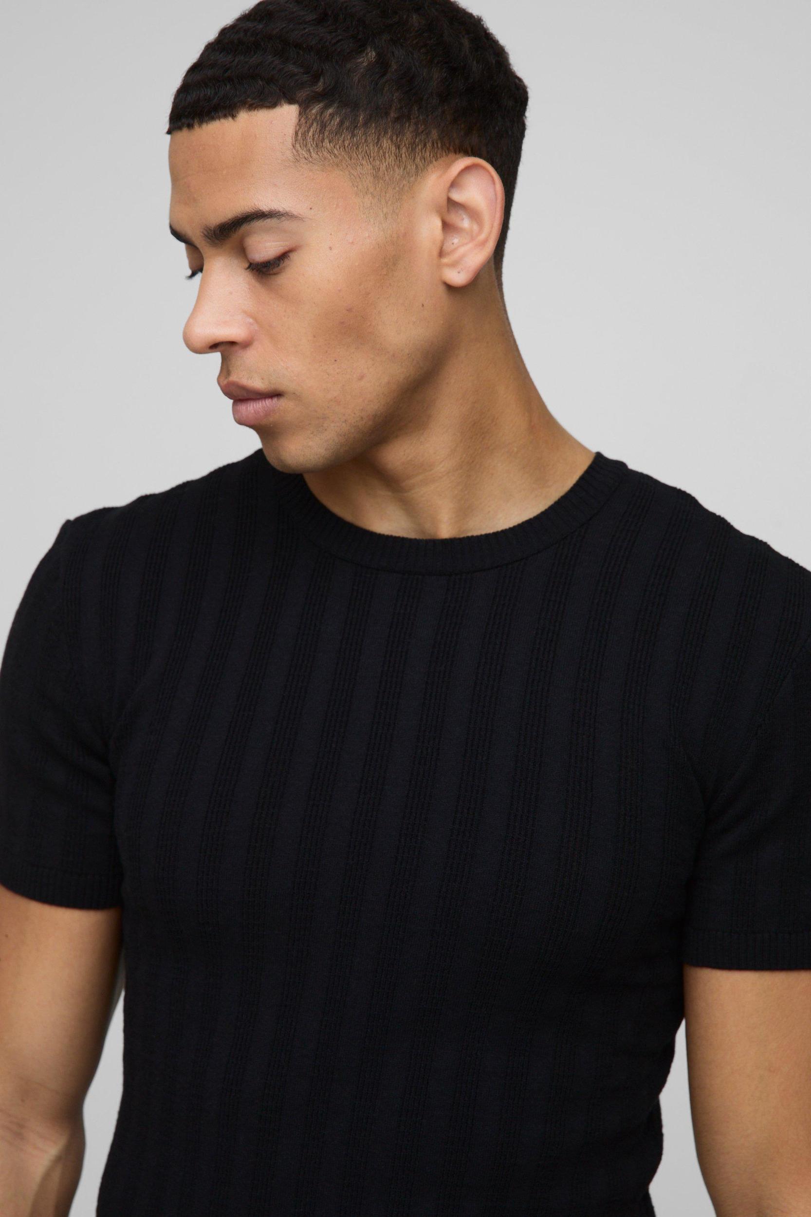 Muscle Fit Ribbed Knitted T-Shirt | boohooMAN USA Product Image