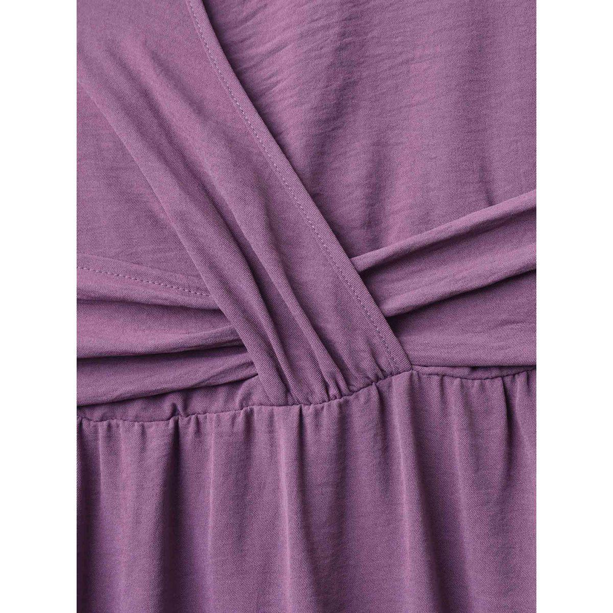 Plus Size Solid Surplice Neck Pockets Midi Dress Mauve Women At the Office Twist Overlap Collar Cap Sleeve Curvy BloomChic 14-16/1X Product Image