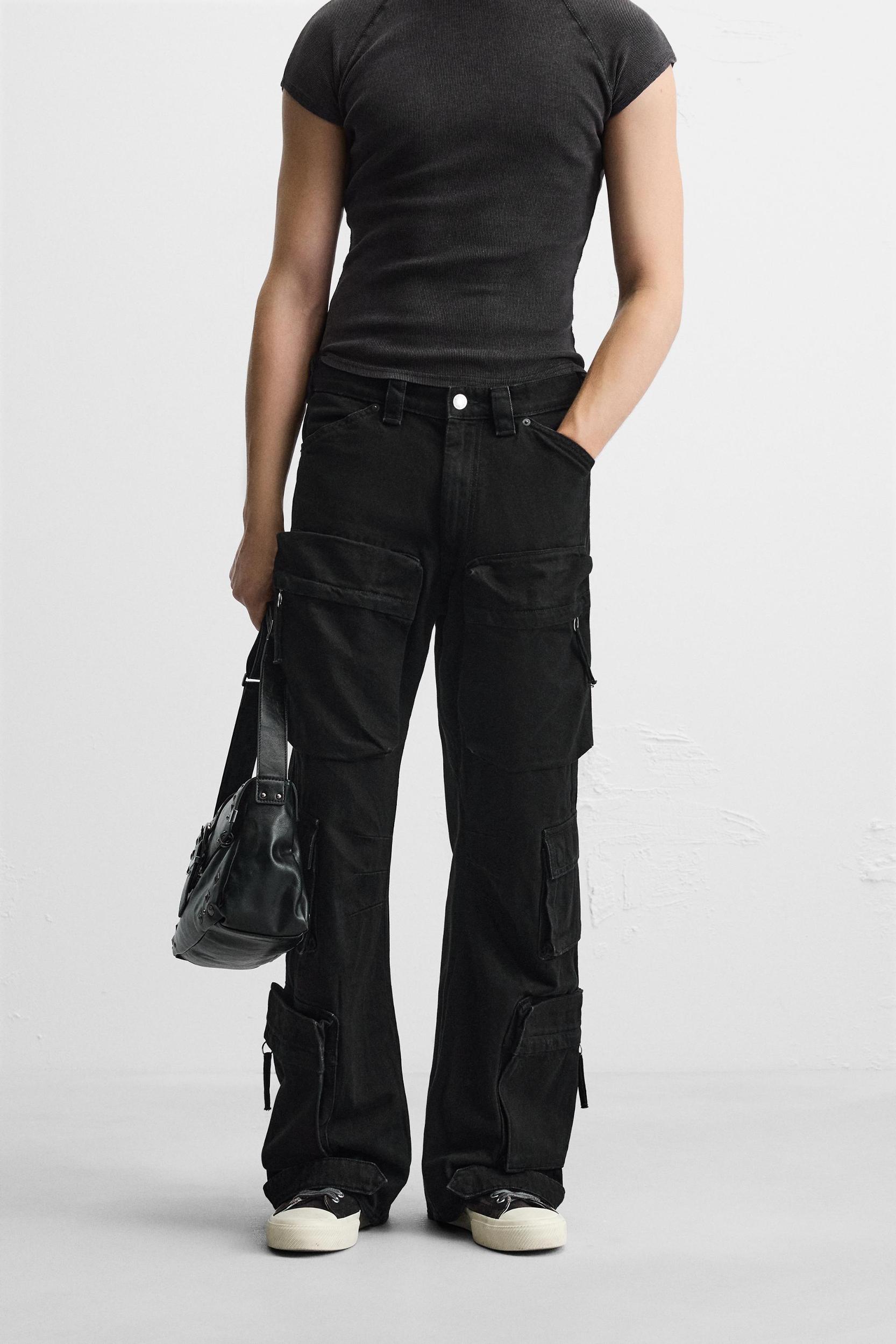 DENIM CARGO PANTS WITH POCKETS Product Image