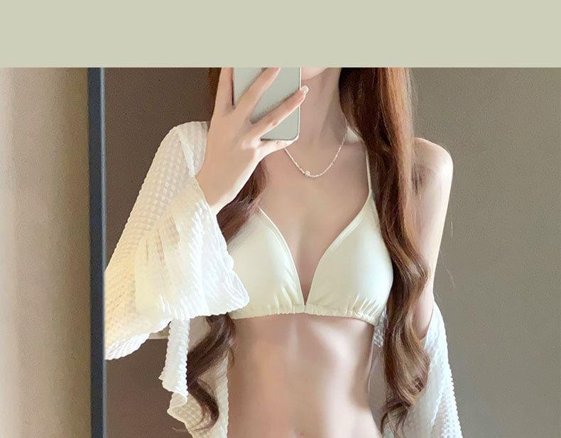 Set: Plain Cover-Up Jacket + Bikini Top + Bottom + Cover-Up Skirt Product Image