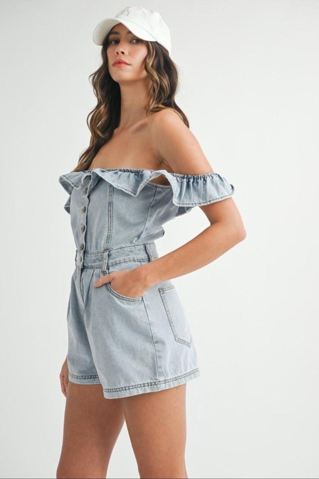 Off-Shoulder Denim Romper Product Image