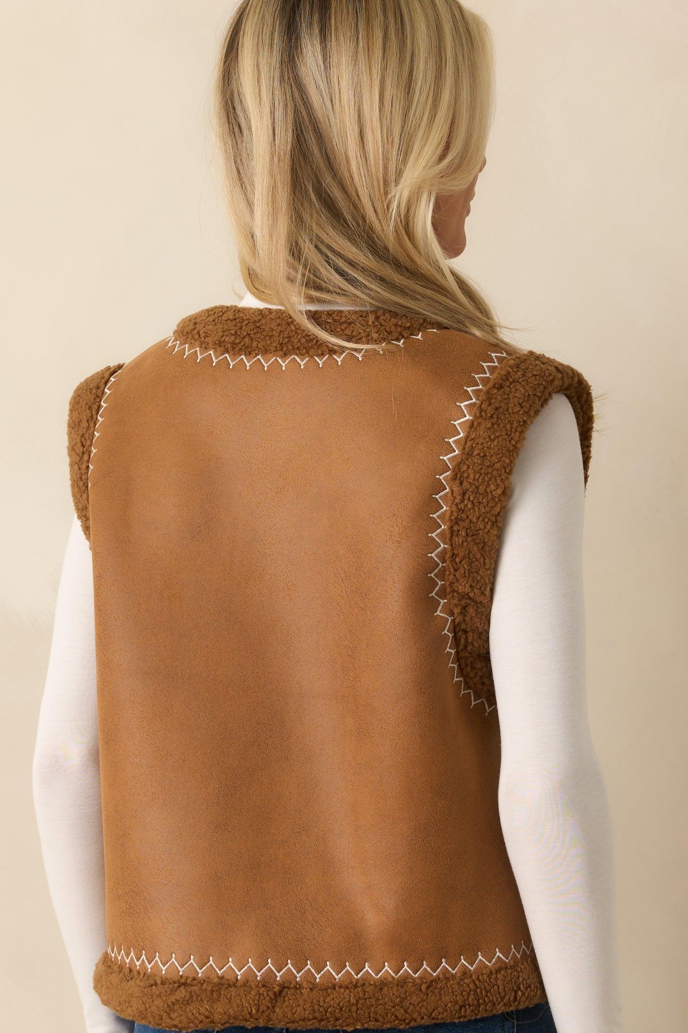 Go Ahead Then Caramel Brown Faux Suede Floral Embroidered Vest Product Image