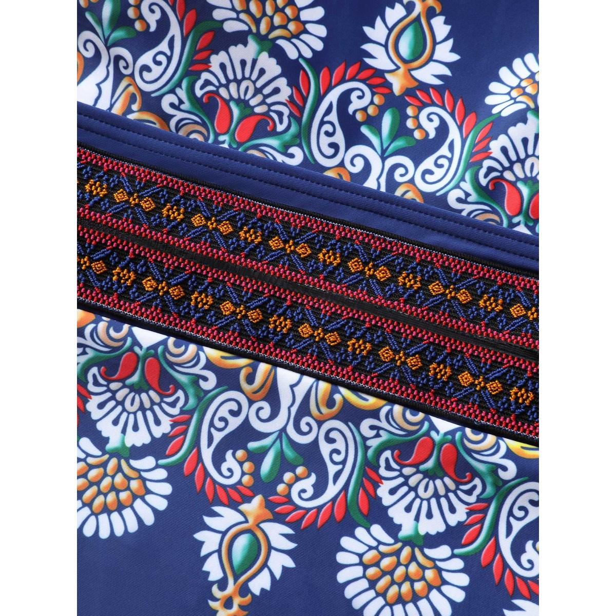 Plus Size U Neck Bandana Contrast Webbing One Piece Swimsuit Women's Swimwear Mediumblue Beach Woven ribbon&lace trim Curve Bathing Suits High stretch One Pieces BloomChic 30/6X Product Image