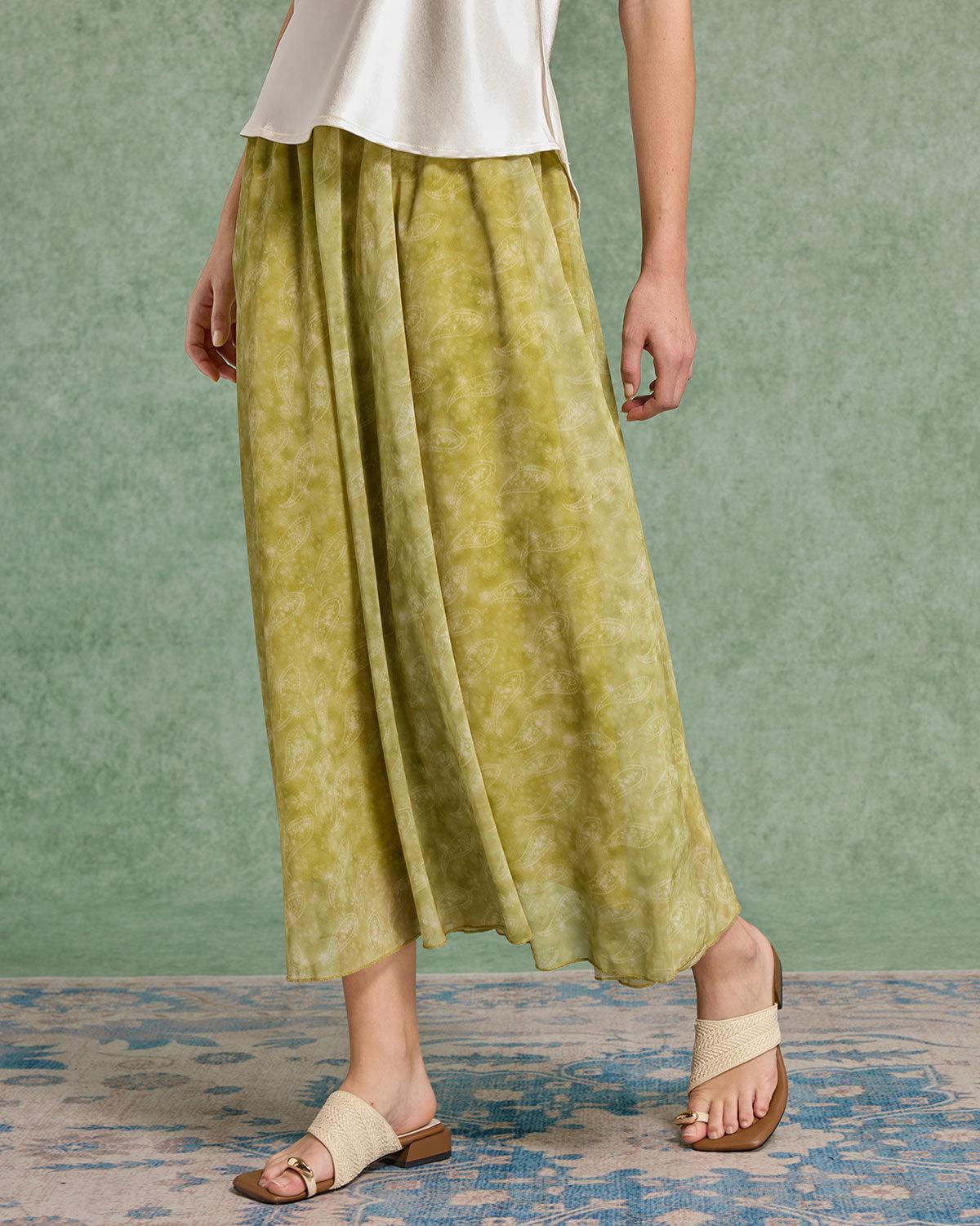 Green Floral Elastic Waist Midi Skirt Product Image