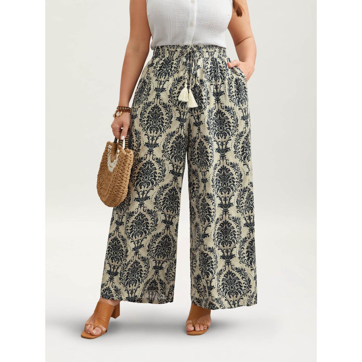 Plus Size Damask Print Tassel Straight-Leg Pants Women DarkBlue Boho Wide Leg Mid Rise Vacation Pants BloomChic 30/6X Product Image