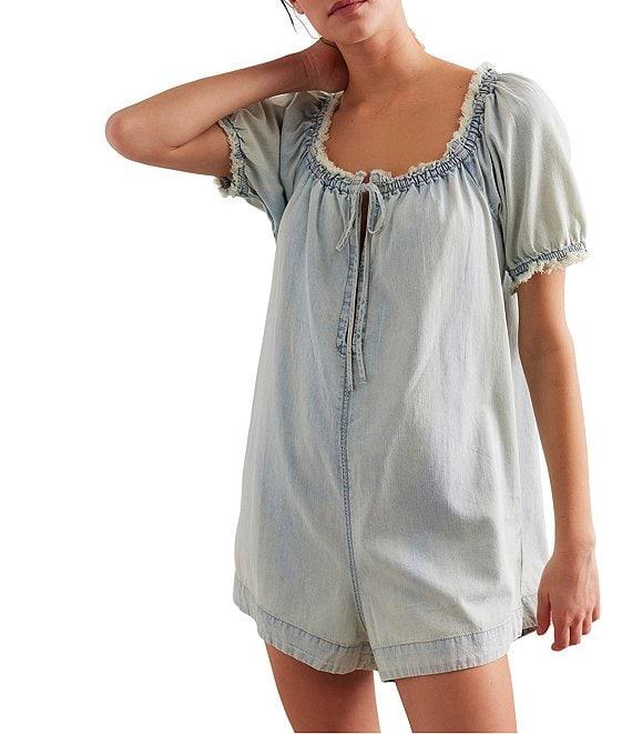 Free People Daisy Denim Square Neck Short Puff Sleeve Babydoll Romper Product Image