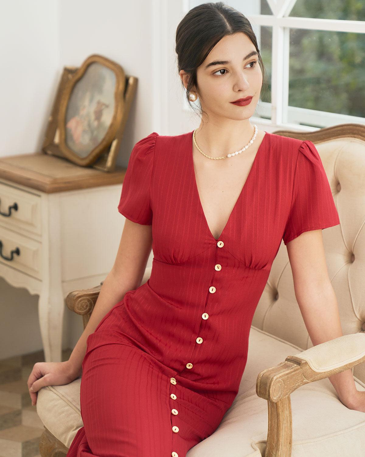 The Red V Neck Shirred Puff Sleeve Midi Dress Product Image