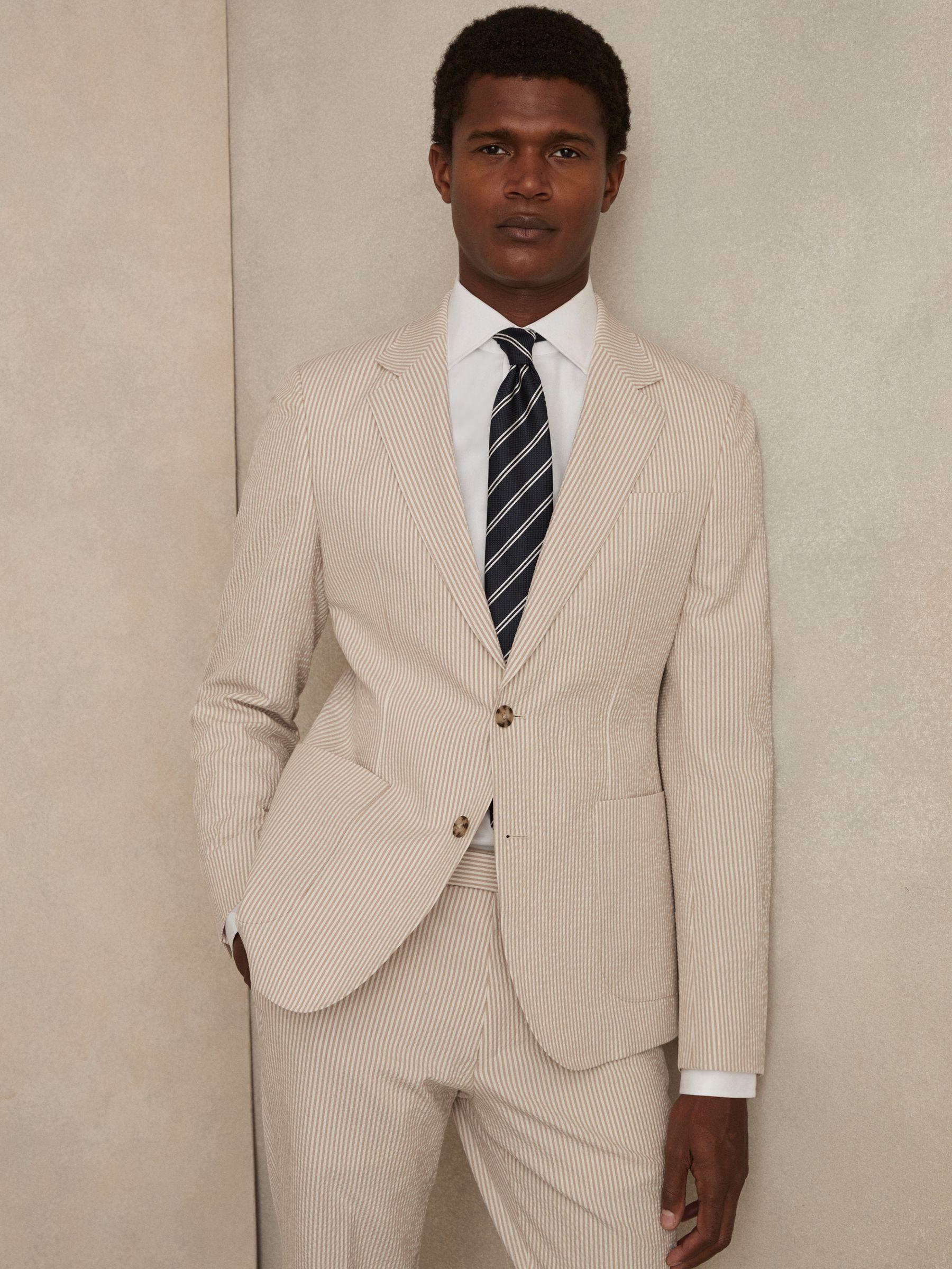 Seersucker Slim-Fit Suit Trousers in Oatmeal/White Product Image