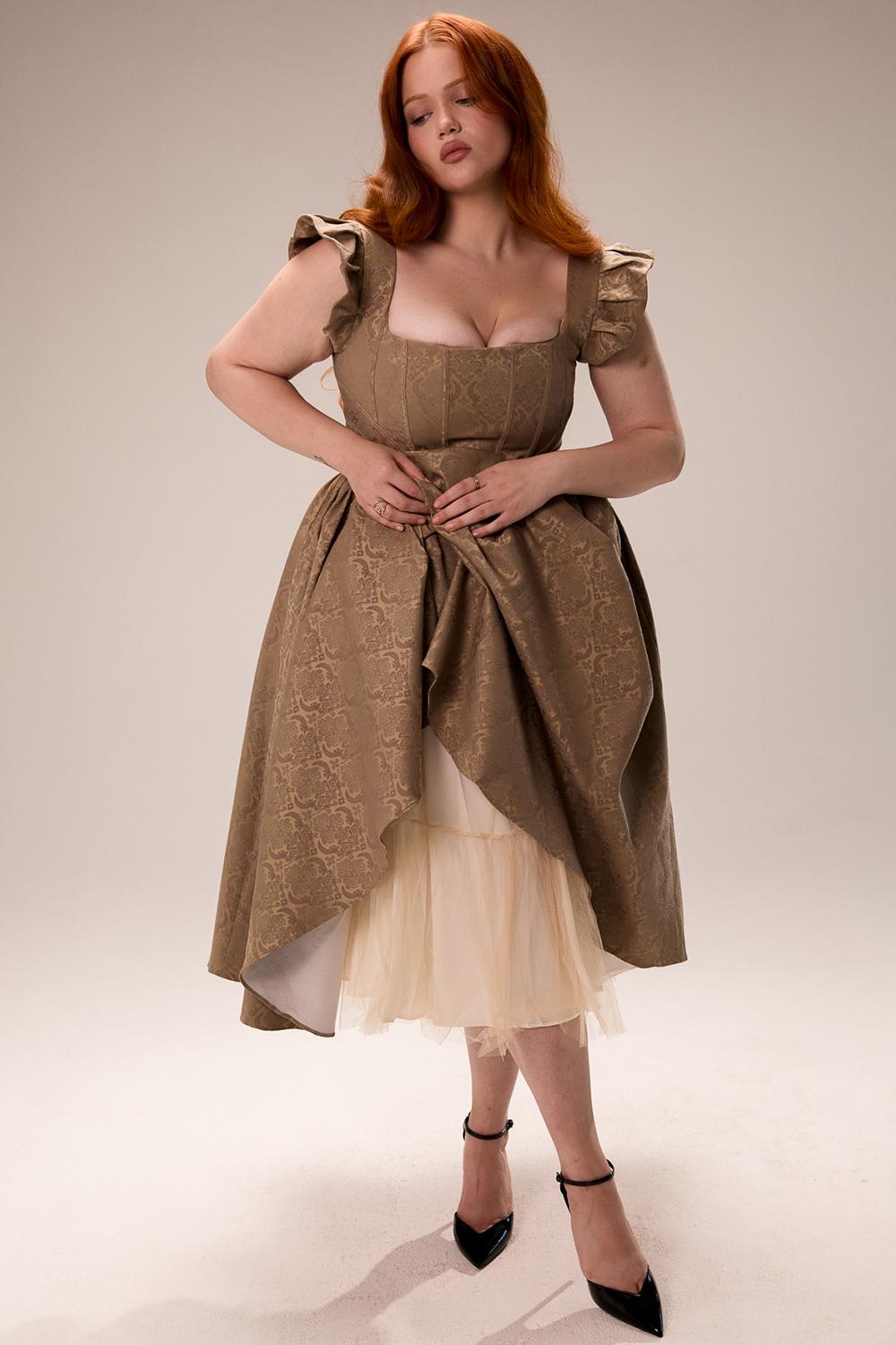 Alessandra  gold jacquard midi dress with detachable bow - sale Product Image