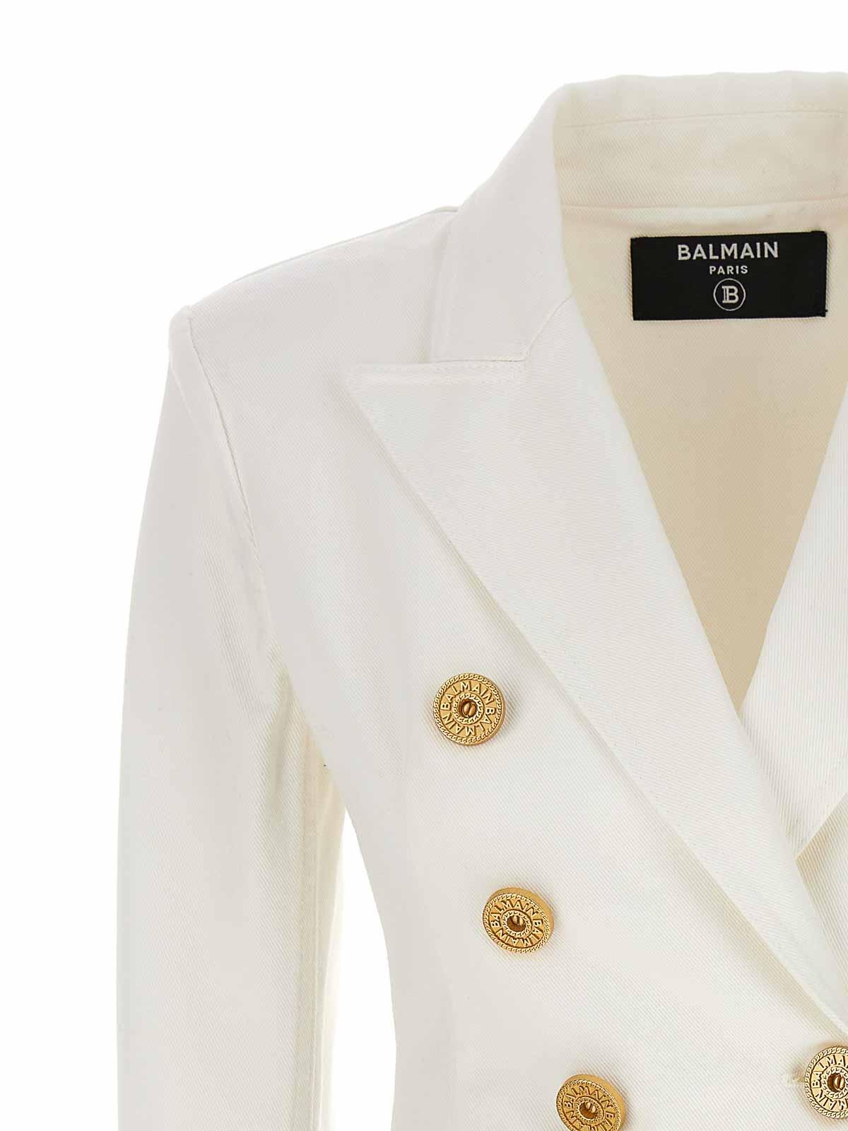 BALMAIN Double-breasted Structured Denim Blazer With Peak Lapel In White Product Image