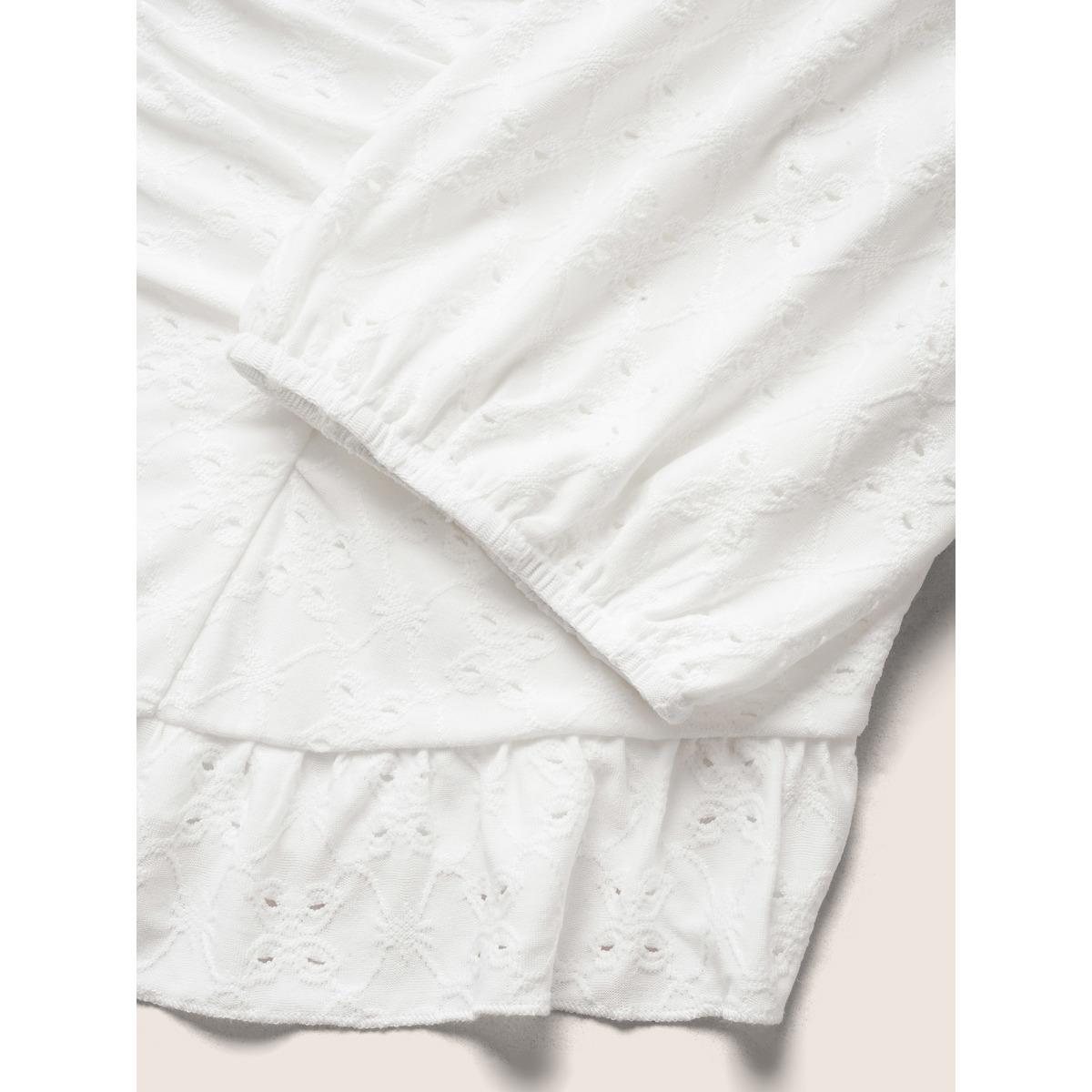 Plus Size Ivory Broderie Anglaise Ruched Lantern Sleeve Blouse Women Elegant Elbow-length sleeve Heart neckline Everyday Blouses BloomChic 22-24/3X Product Image